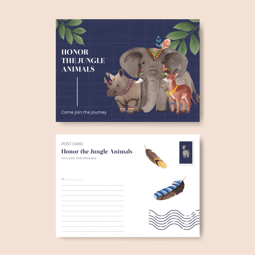 Postcard template with jungle tribal animal concept,watercolor style