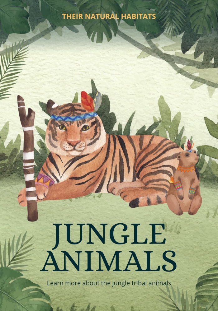 Poster template with jungle tribal animal concept,watercolor style