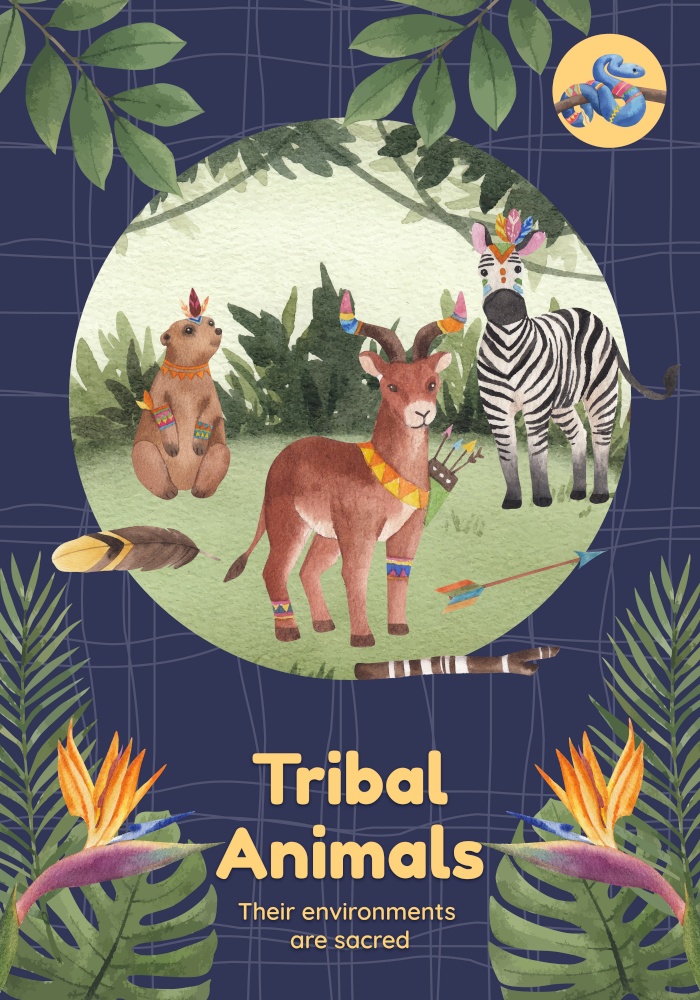 Poster template with jungle tribal animal concept,watercolor style