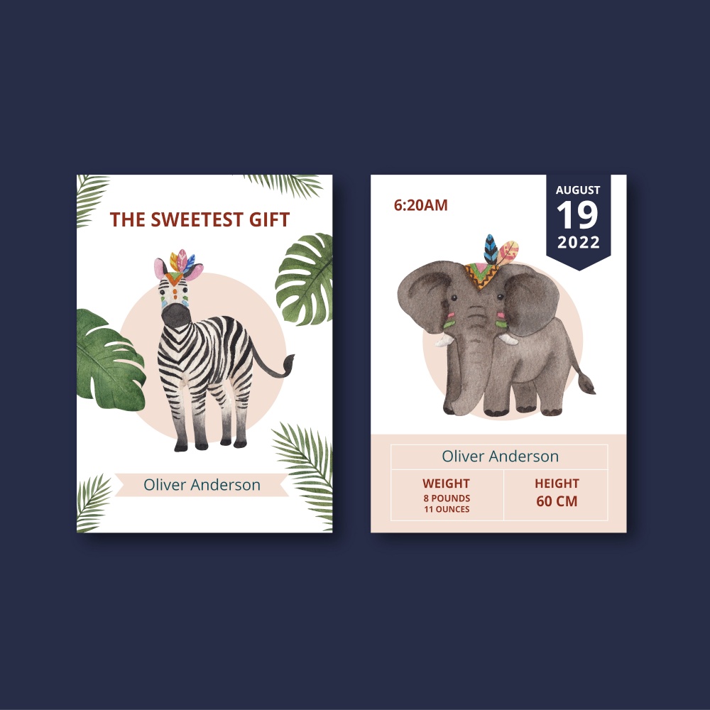 Stats baby card template with jungle tribal animal concept,watercolor style