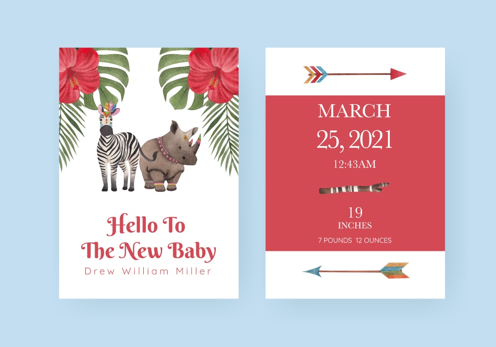 Stats baby card template with jungle tribal animal concept,watercolor style