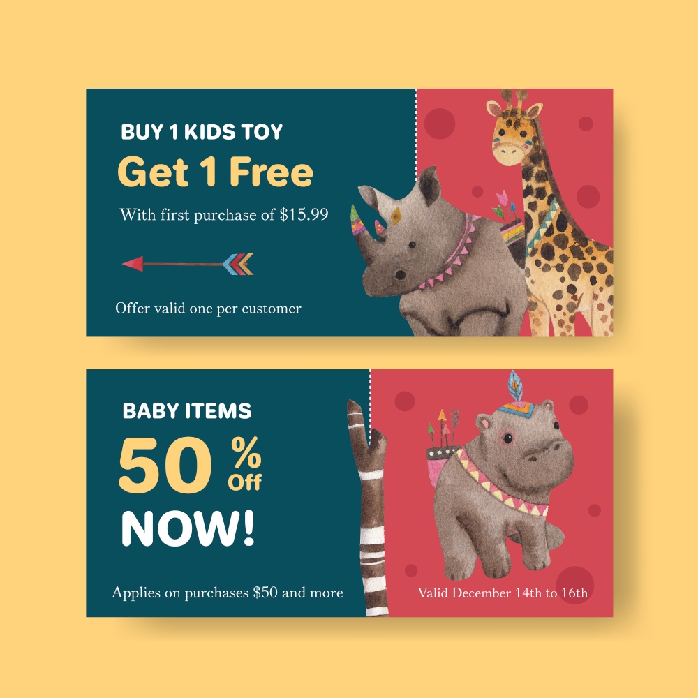 Voucher template with jungle tribal animal concept,watercolor style