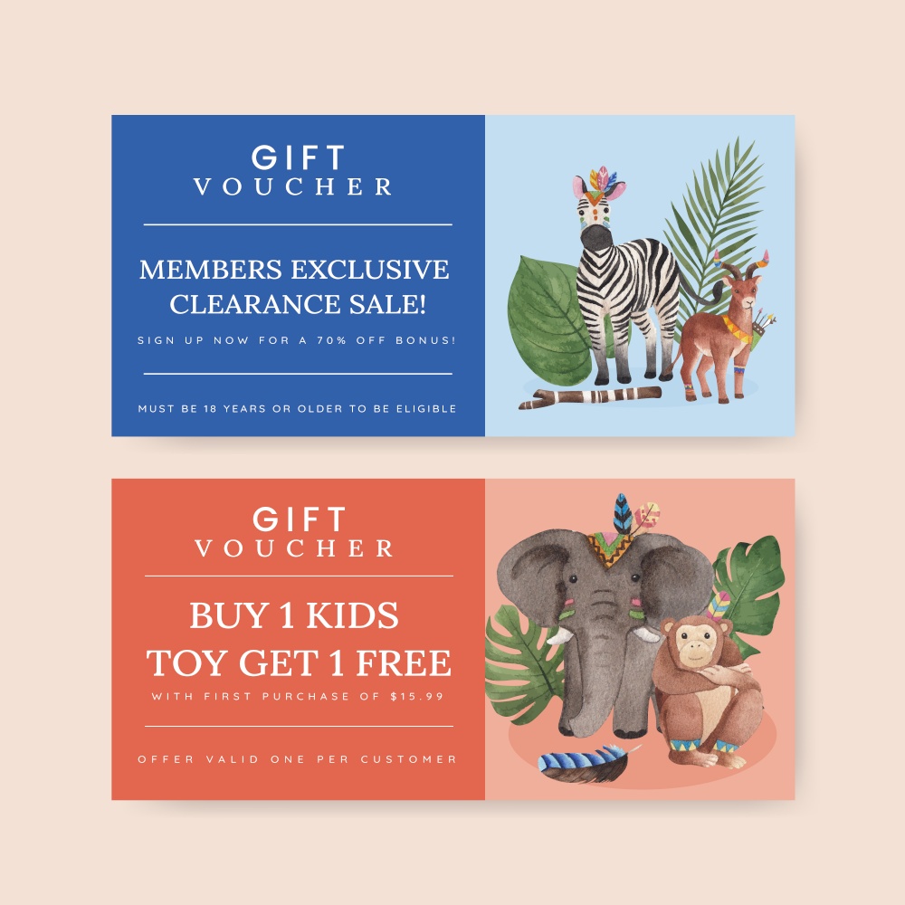 Voucher template with jungle tribal animal concept,watercolor style