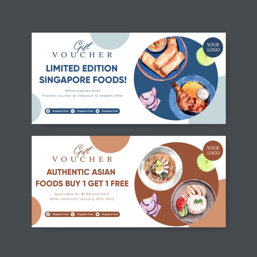 Voucher template with Singapore cuisine concept,watercolor style