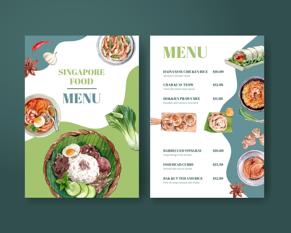 Menu template with Singapore cuisine concept,watercolor style