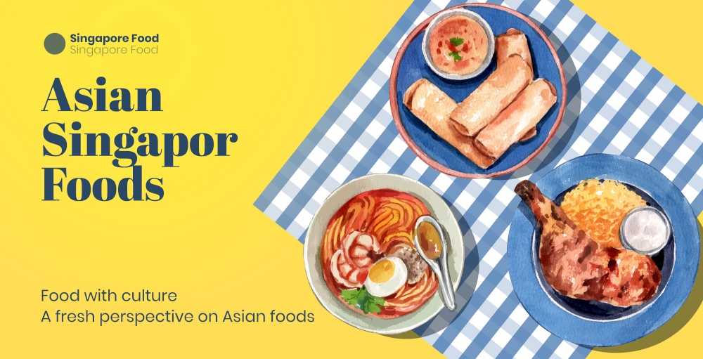 Billboard template with Singapore cuisine concept,watercolor style