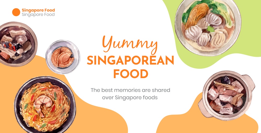 Billboard template with Singapore cuisine concept,watercolor style