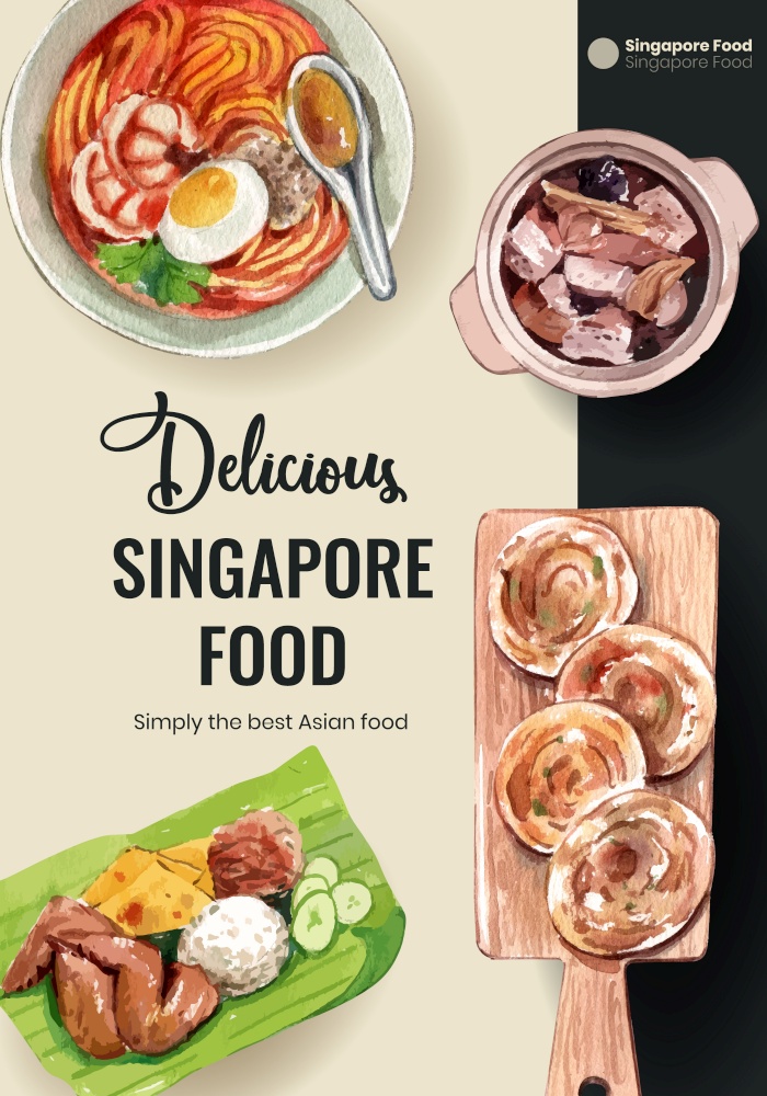 Poster template with Singapore cuisine concept,watercolor style