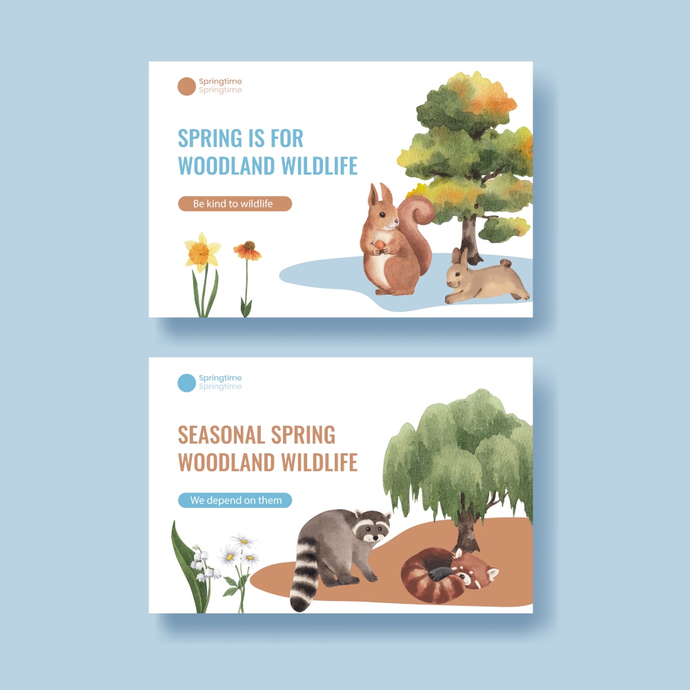 Facebook template with spring woodland wildlife concept,watercolor style