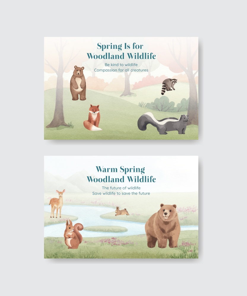 Facebook template with spring woodland wildlife concept,watercolor style