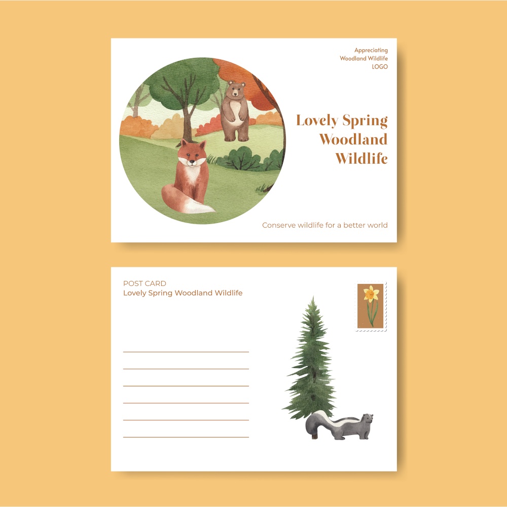Postcard template with spring woodland wildlife concept,watercolor style