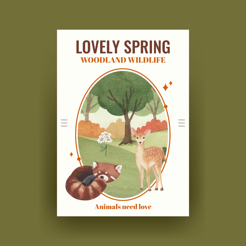 Poster template with spring woodland wildlife concept,watercolor style