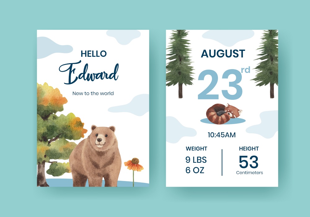 Baby stats card template with spring woodland wildlife concept,watercolor style