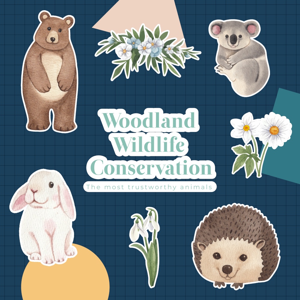 Sticker template with spring woodland wildlife concept,watercolor style