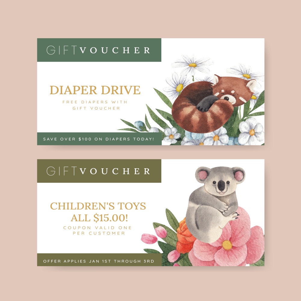Voucher template with spring woodland wildlife concept,watercolor style