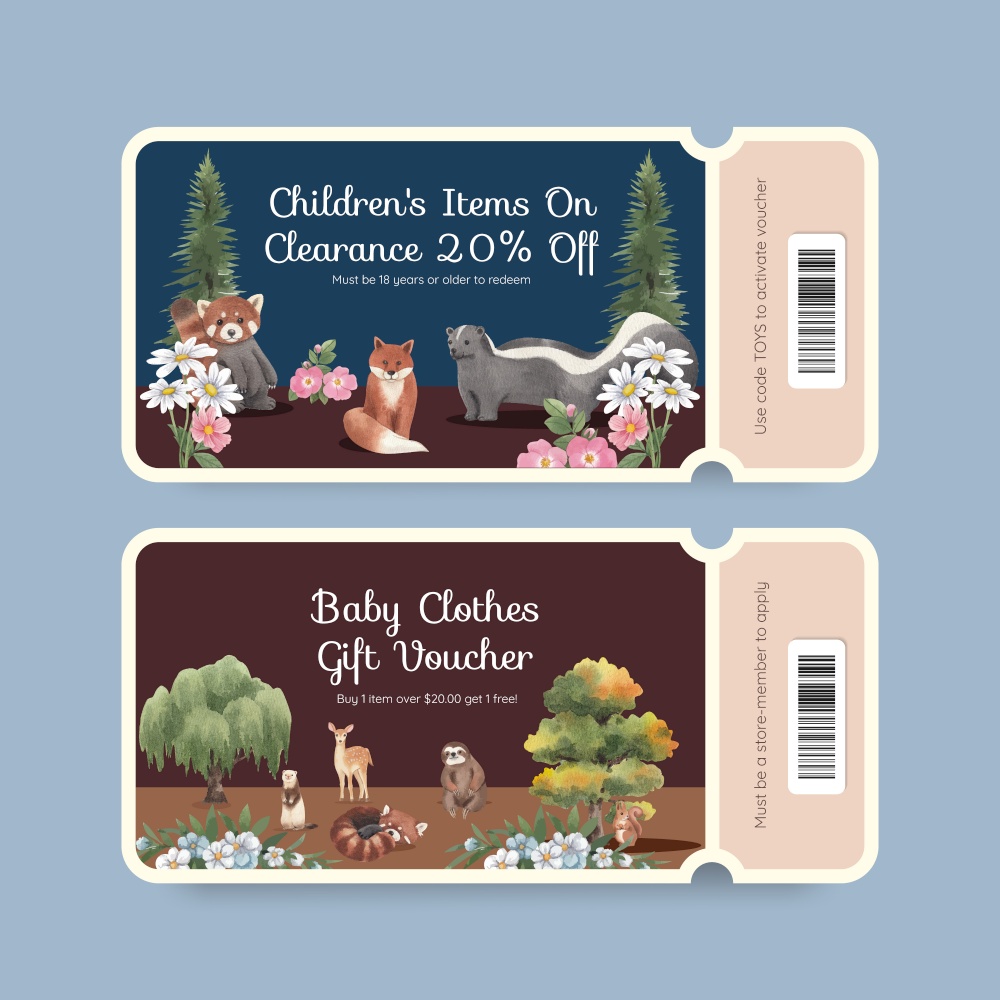 Voucher template with spring woodland wildlife concept,watercolor style