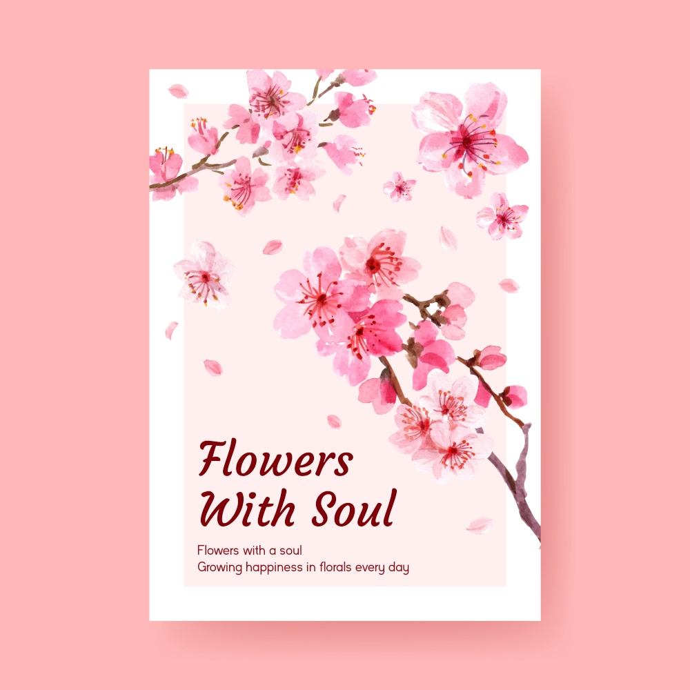 Poster template with cherry blossom concept design for advertise and marketing watercolor vector illustration