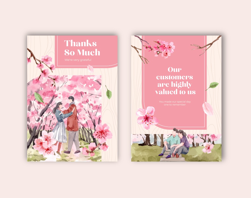 Thank you card with cherry blossom concept design watercolor vector illustration