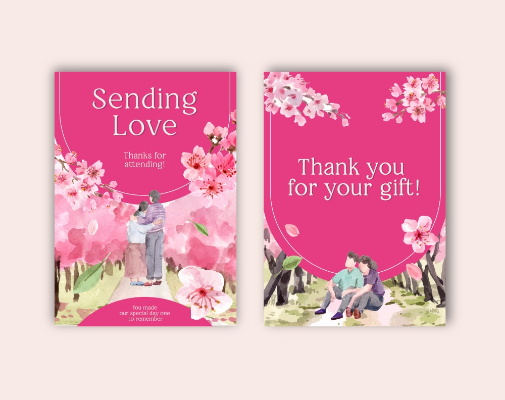 Thank you card with cherry blossom concept design watercolor vector illustration