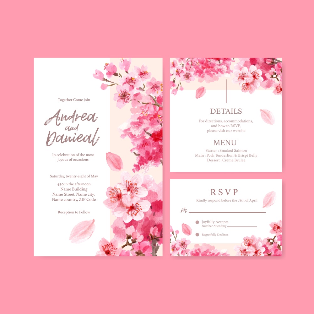 Wedding card with cherry blossom concept design watercolor vector illustration