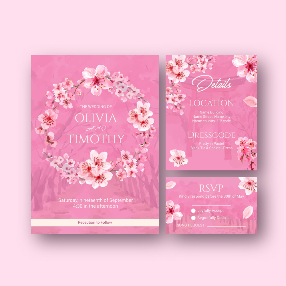 Wedding card with cherry blossom concept design watercolor vector illustration