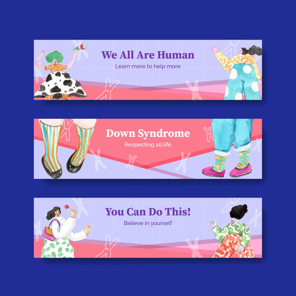 Banner template with world down syndrome day concept design for advertise and marketing watercolor illustration