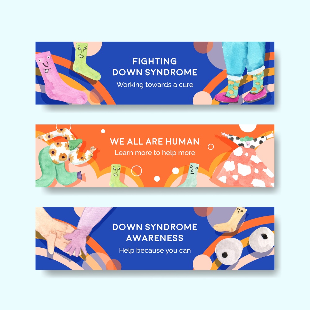 Banner template with world down syndrome day concept design for advertise and marketing watercolor illustration