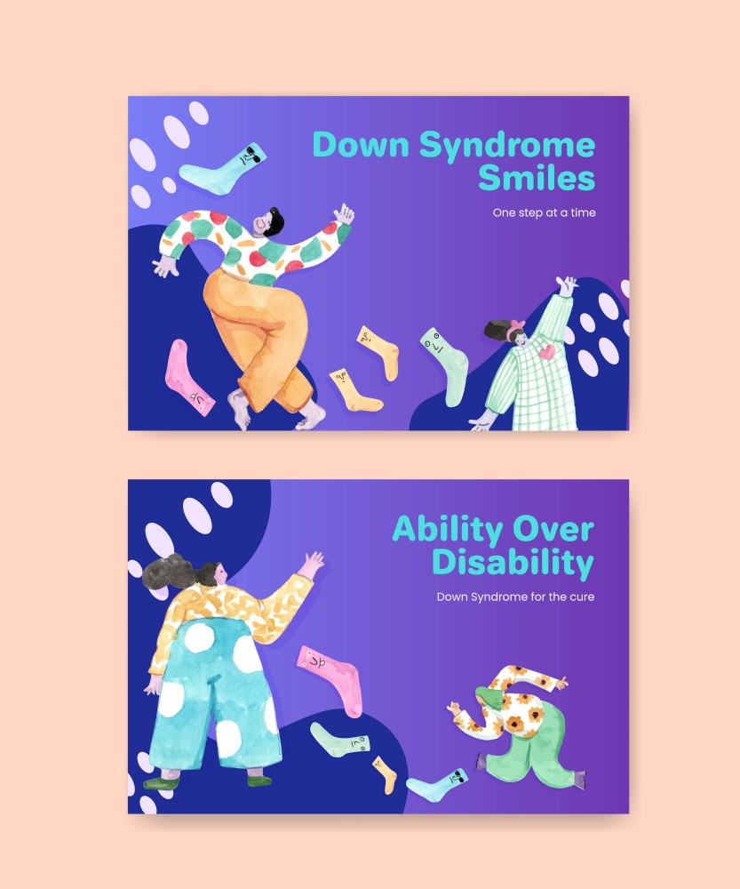 Facebook template with world down syndrome day concept design for social media and community watercolor illustration