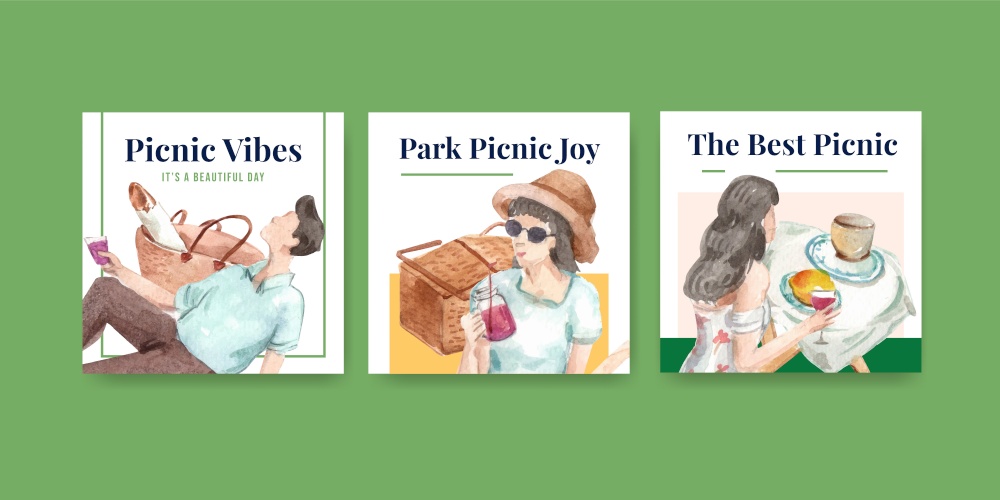 Advertise template with picnic travel concept for marketing watercolor illustration