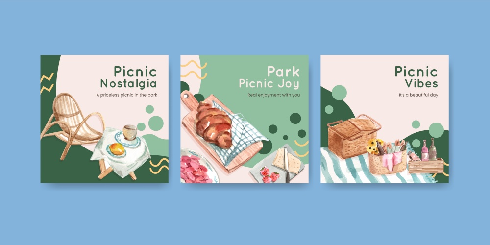 Advertise template with picnic travel concept for marketing watercolor illustration