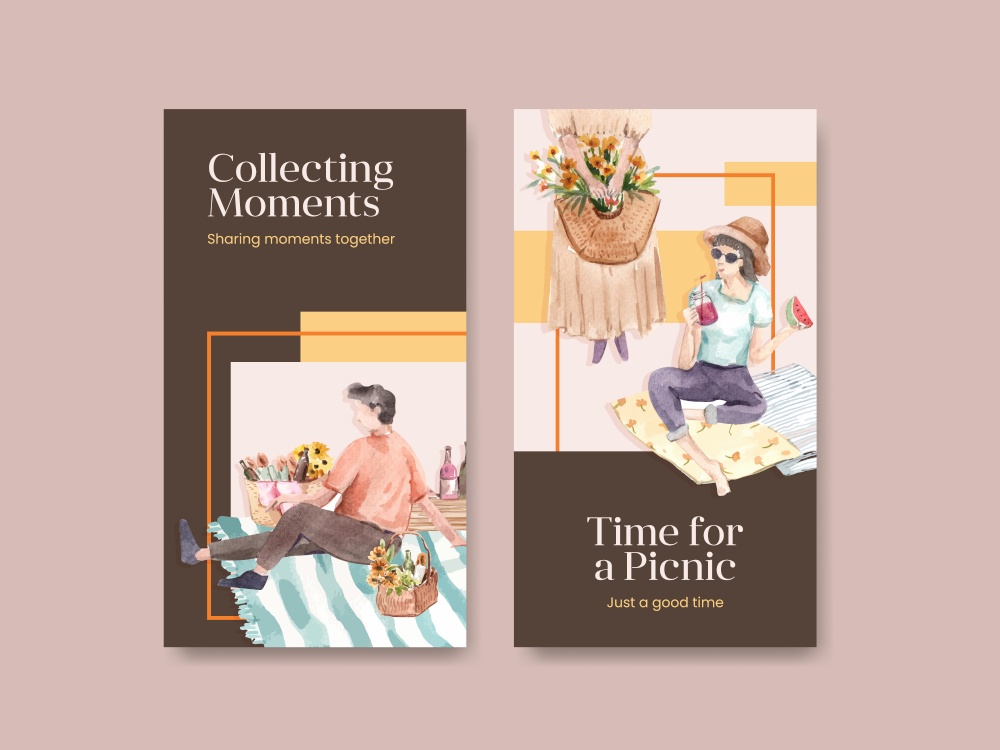 Instagram template with picnic travel concept design for social media watercolor illustration
