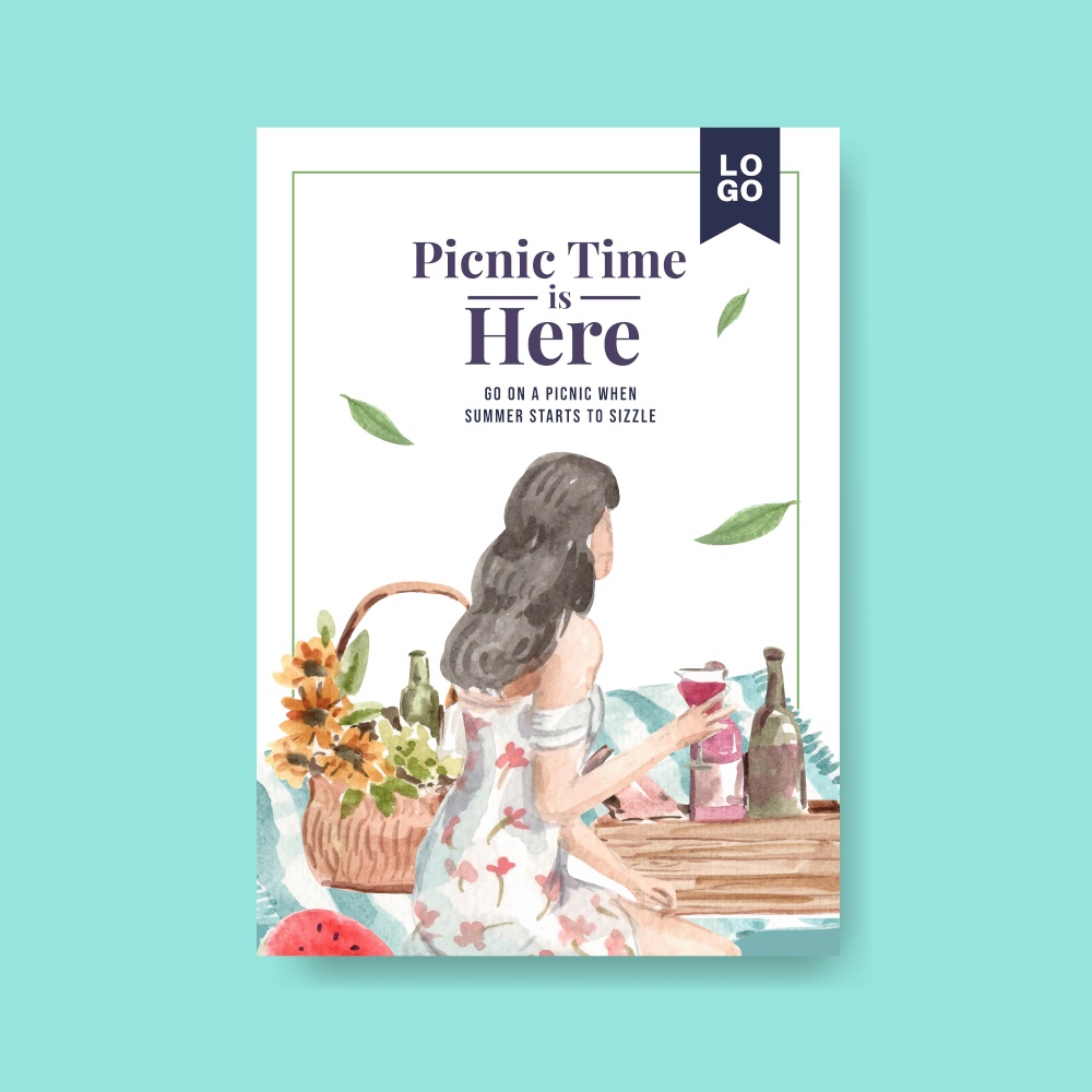 Poster template with picnic travel concept for advertise watercolor illustration