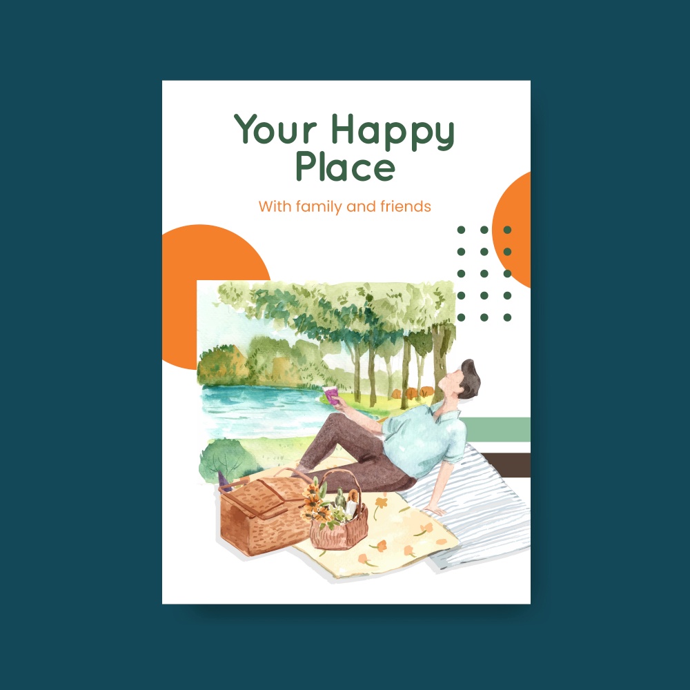 Poster template with picnic travel concept for advertise watercolor illustration