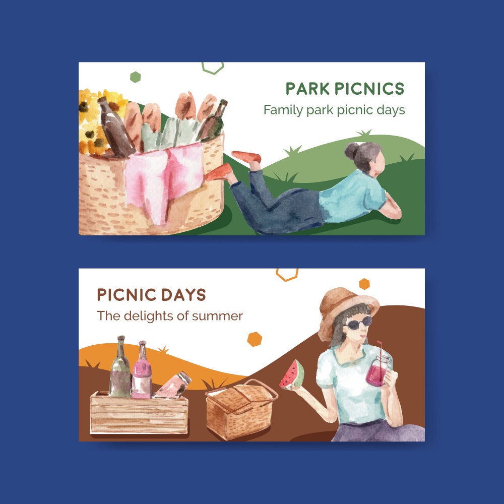 Twitter template with picnic travel concept design for social media and community watercolor illustration