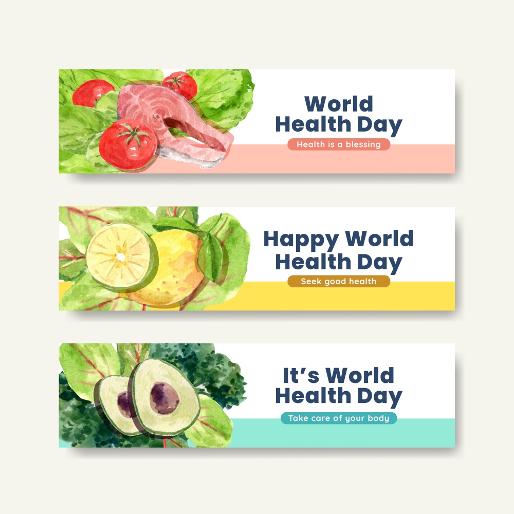 Banner template with world health day concept design watercolor illustration