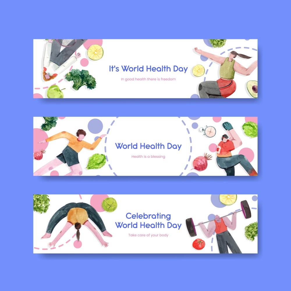 Banner template with world health day concept design watercolor illustration