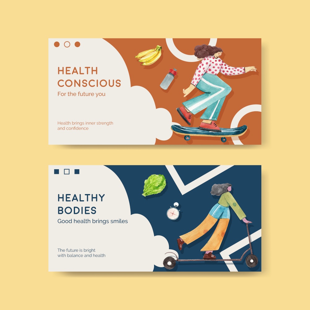 Twitter template with world health day concept design for social media watercolor illustration