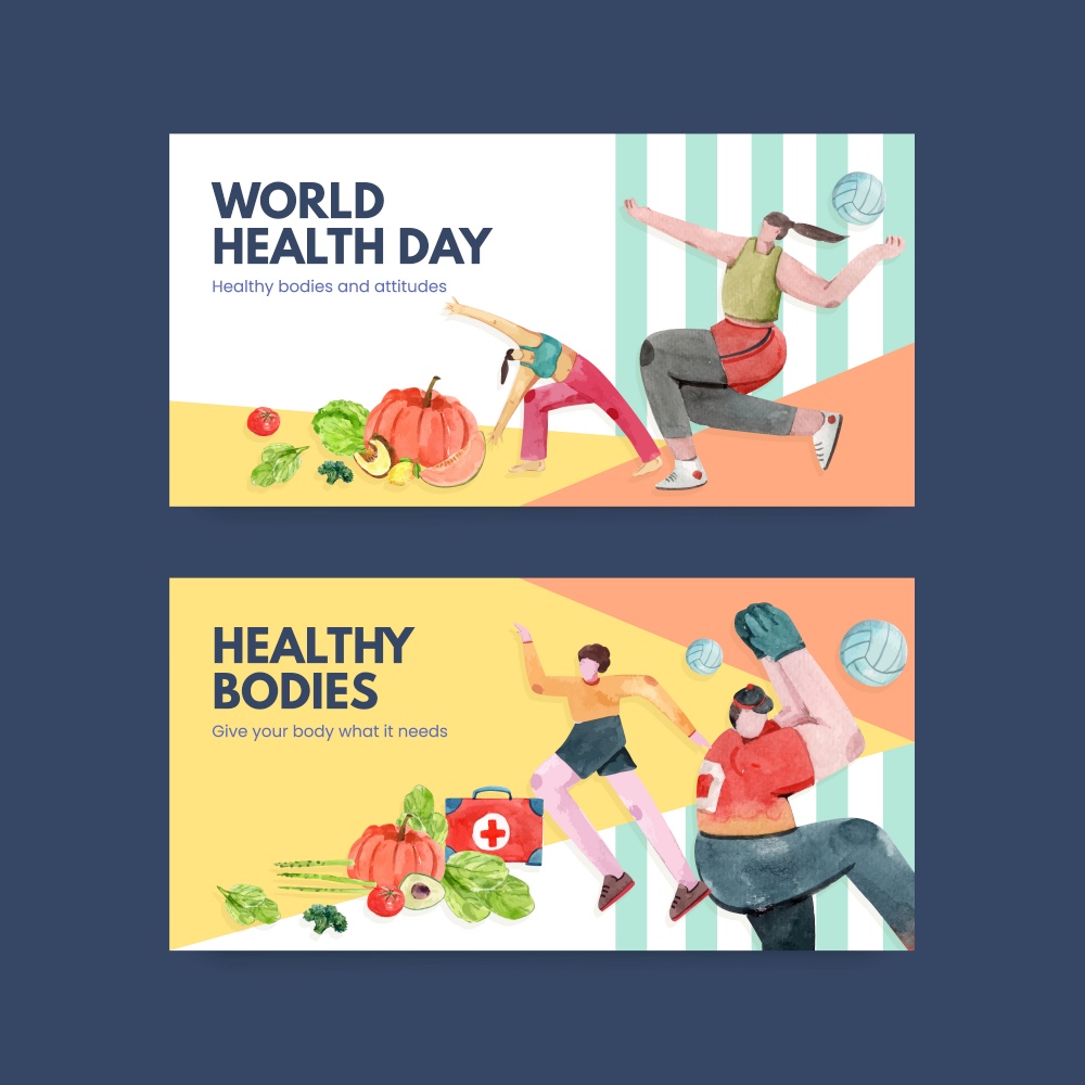 Twitter template with world health day concept design for social media watercolor illustration