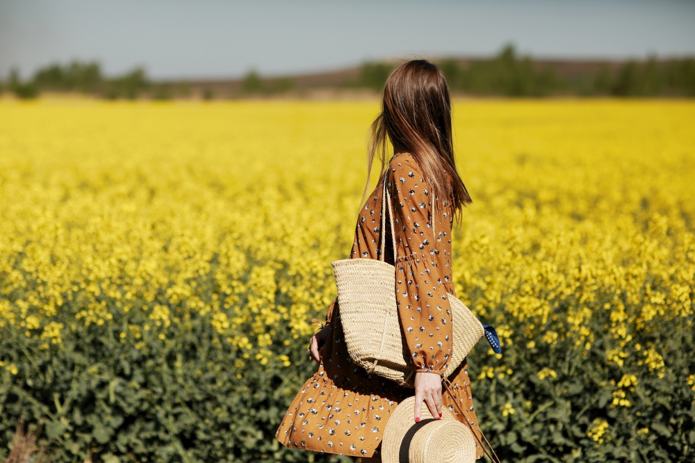 Rear view. beautiful young woman in a dress holding a hat and walking in a rapeseed field for summer, view from the back. copy space. summer holiday concept.. Rear view. beautiful young woman in a dress holding a hat and walking in a rapeseed field for summer, view from the back. copy space. summer holiday concept