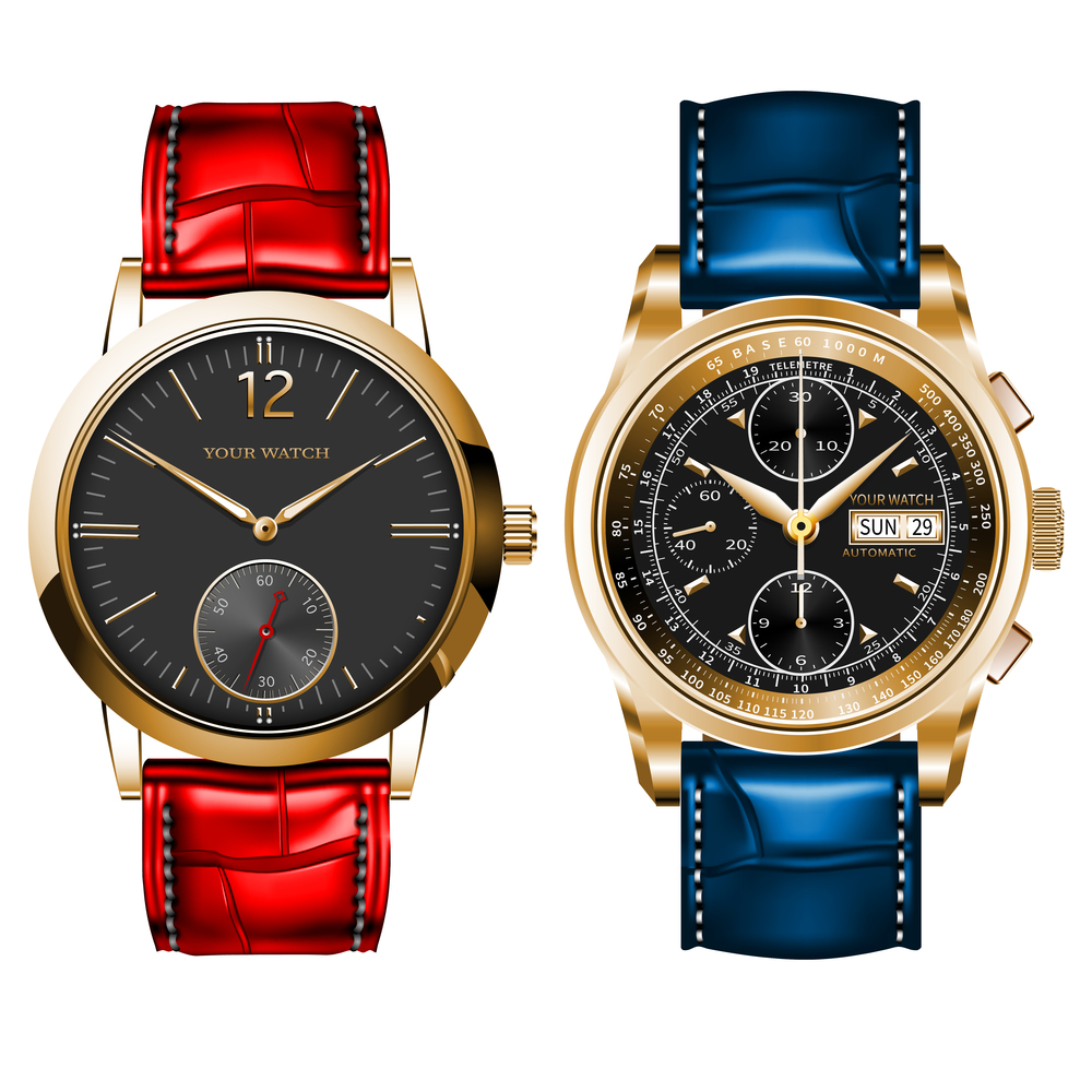 Realistic watch clock chronograph collection gold metallic arrow white black grey number text red blue leather strap on white background design classic luxury for men vector illustration.