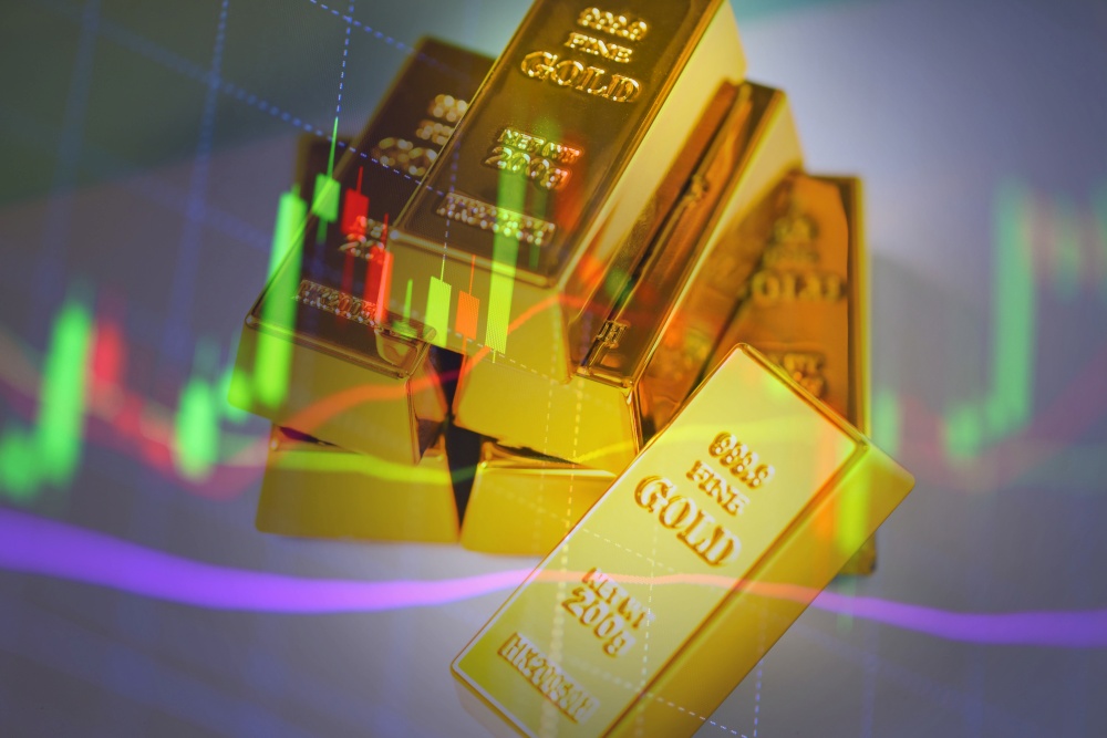 Gold bars financial business economy concepts, wealth and reserve success in business and finance, Gold trading, gold bars on fabric with stock graph chart stock market trade background