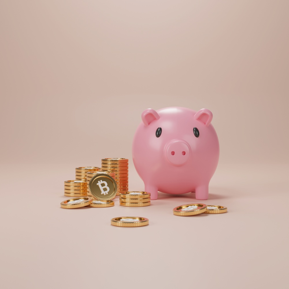 Piggy bank and bitcoin stack, business concept, 3D illustration