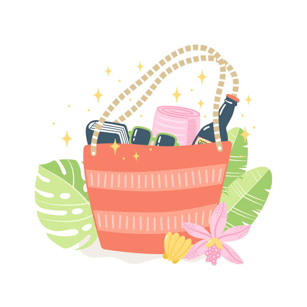 Colorful illustration with beach bag and summer stuff in hand-drawn style. Cute holiday decoration. Isolated vector design with summer elements like sunglasses, book, towel and beverage. Vacation concept.