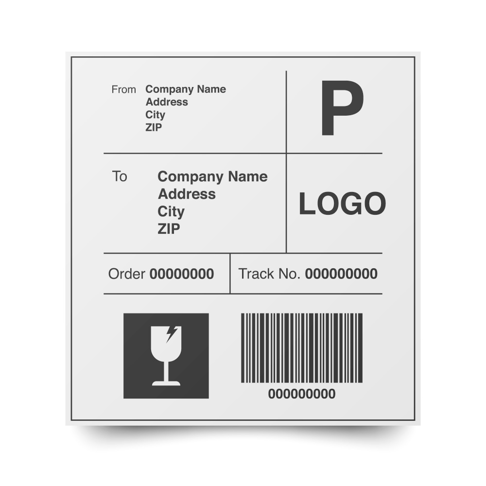 Shipment label template. Cargo sticker. Delivery bar code mockup, vector illustration