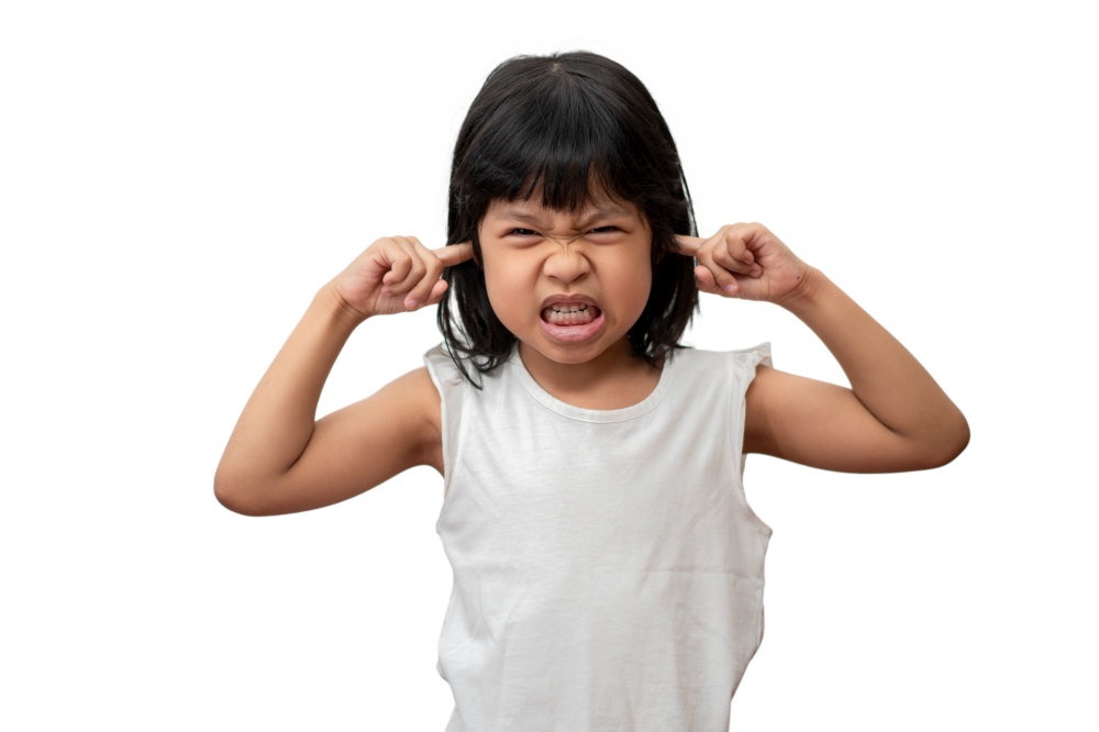 Portrait of angry emotional Asian girl screaming and frustrated shouting with anger, crazy and yelling and hand cover ears on white background, Attention deficit hyperactivity disorder (ADHD) concept