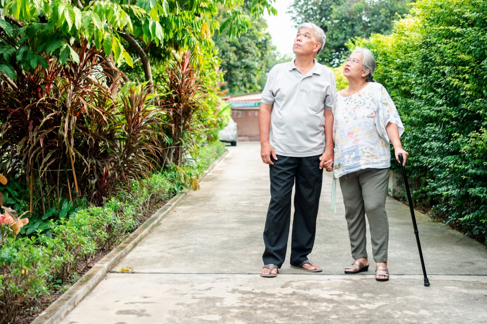 Happy senior couple walking together in the garden. Old elderly using a walking stick to help walk balance. Concept of  Love and care of the family And health insurance for family
