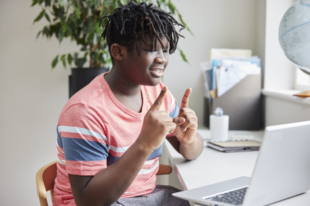 Teenage Boy Having Conversation Using Sign Language On Laptop At Home