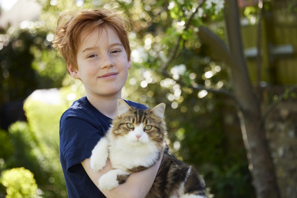Portrait Of Smiling Boy Holding Pet Cat In Garden At Home