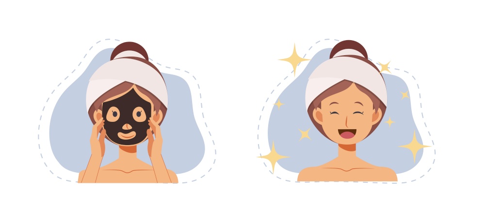 Skin care, beauty concep. Woman doing skin care using a mask pack. flat vector 2d cartoon character illustration