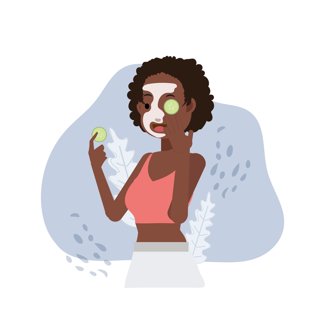 facial skin treatment concept.Arican american woman with cucumber slices on her eye. facial mask. Spa therapy.flat vector cartoon character illustration.